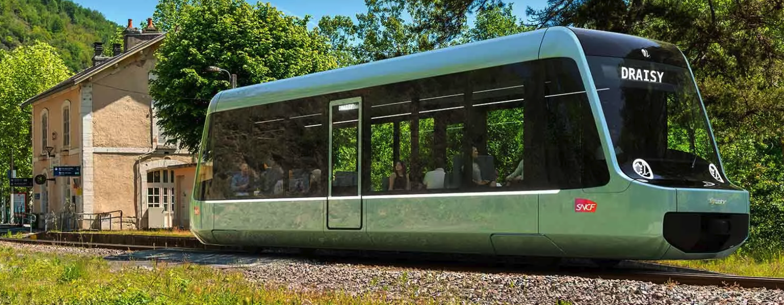A small greenish railbus type of train, rendering