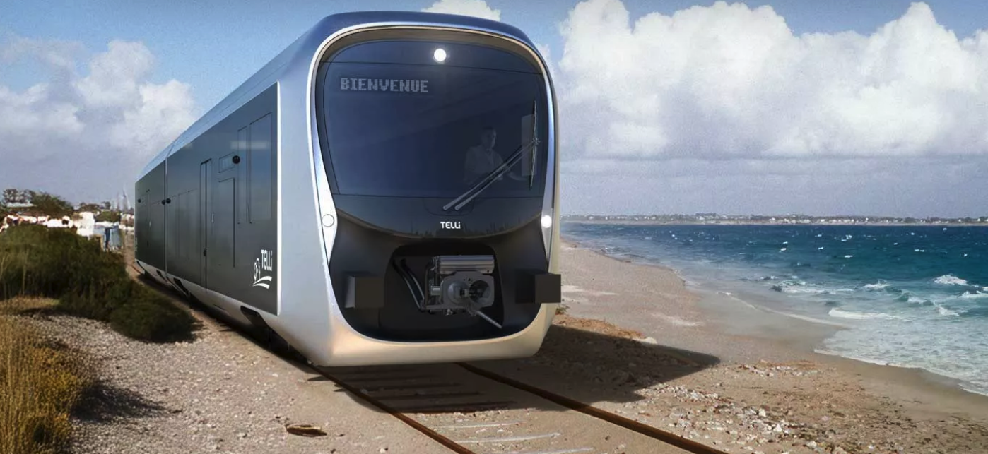 A rendering of a TELLi train running on a single track along a sandy beach