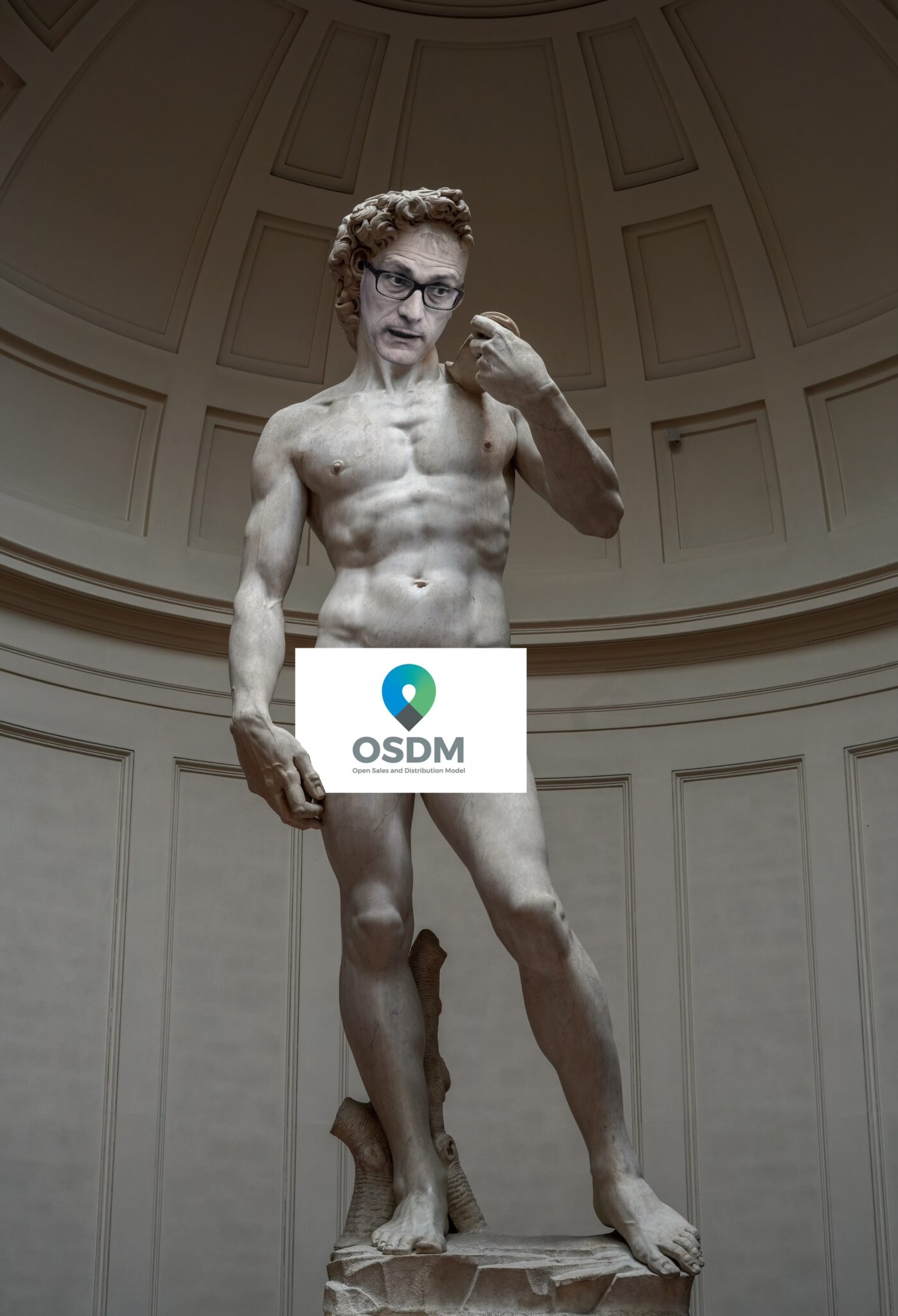 Michalangelo's David with Alberto Mazzola's head montaged onto it. A OSDM logo covers his private parts