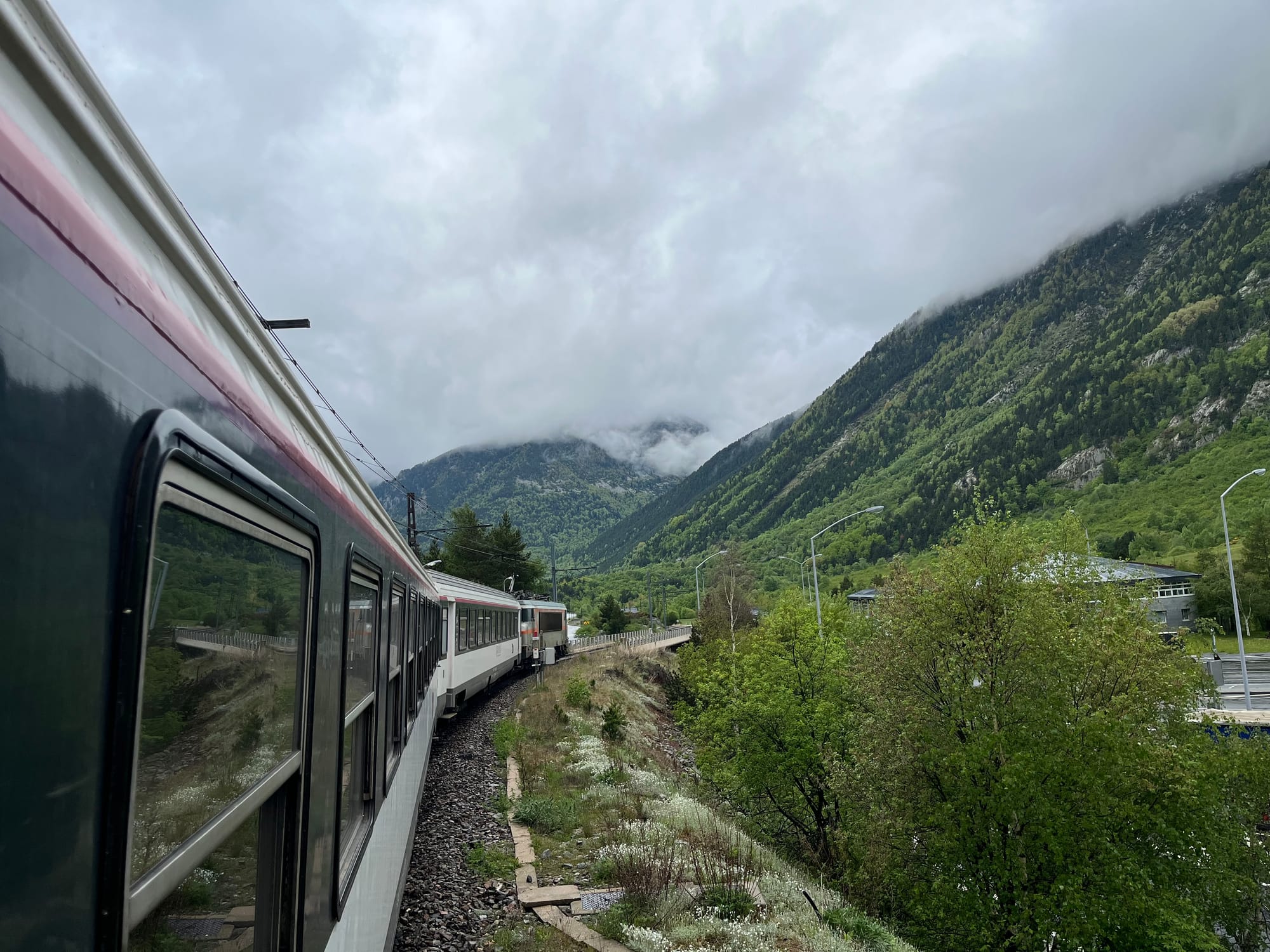 Corail night train climbing towards Latour de Carol in the Pyrenees