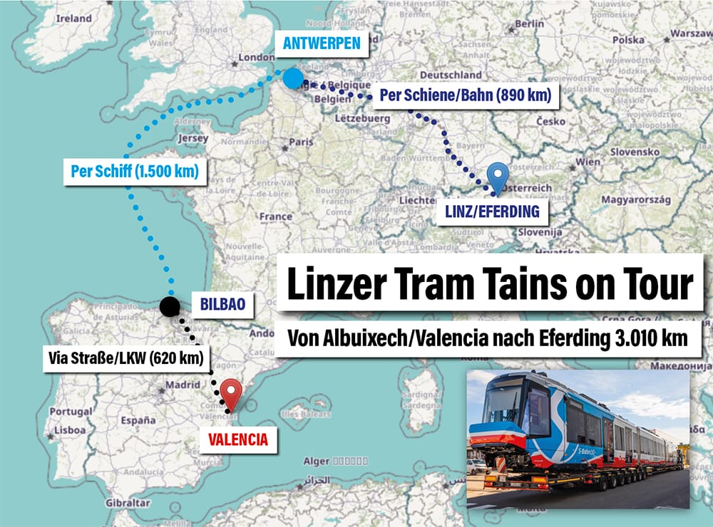 Map showing the actual delivery route of the tram trains - going on a ship Bilbao-Antwerpen