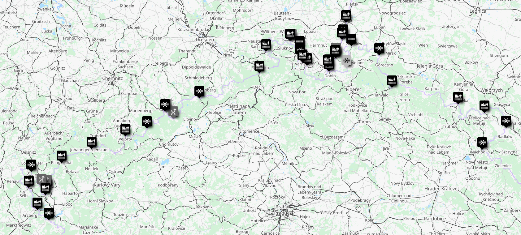 A map of the Sachsen-Czechia border, with pins showing railway lines