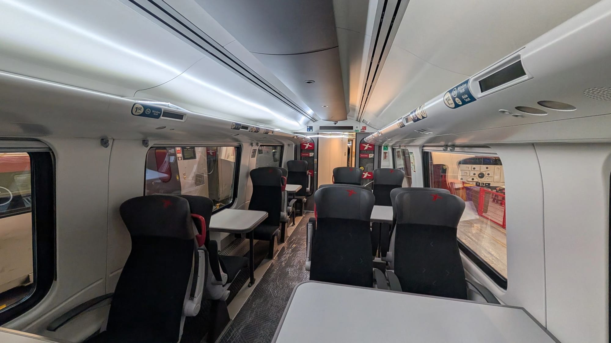 Interior of the refurbished train. Look at those seats!
