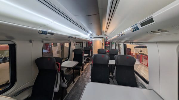 Interior of the refurbished train. Look at those seats!